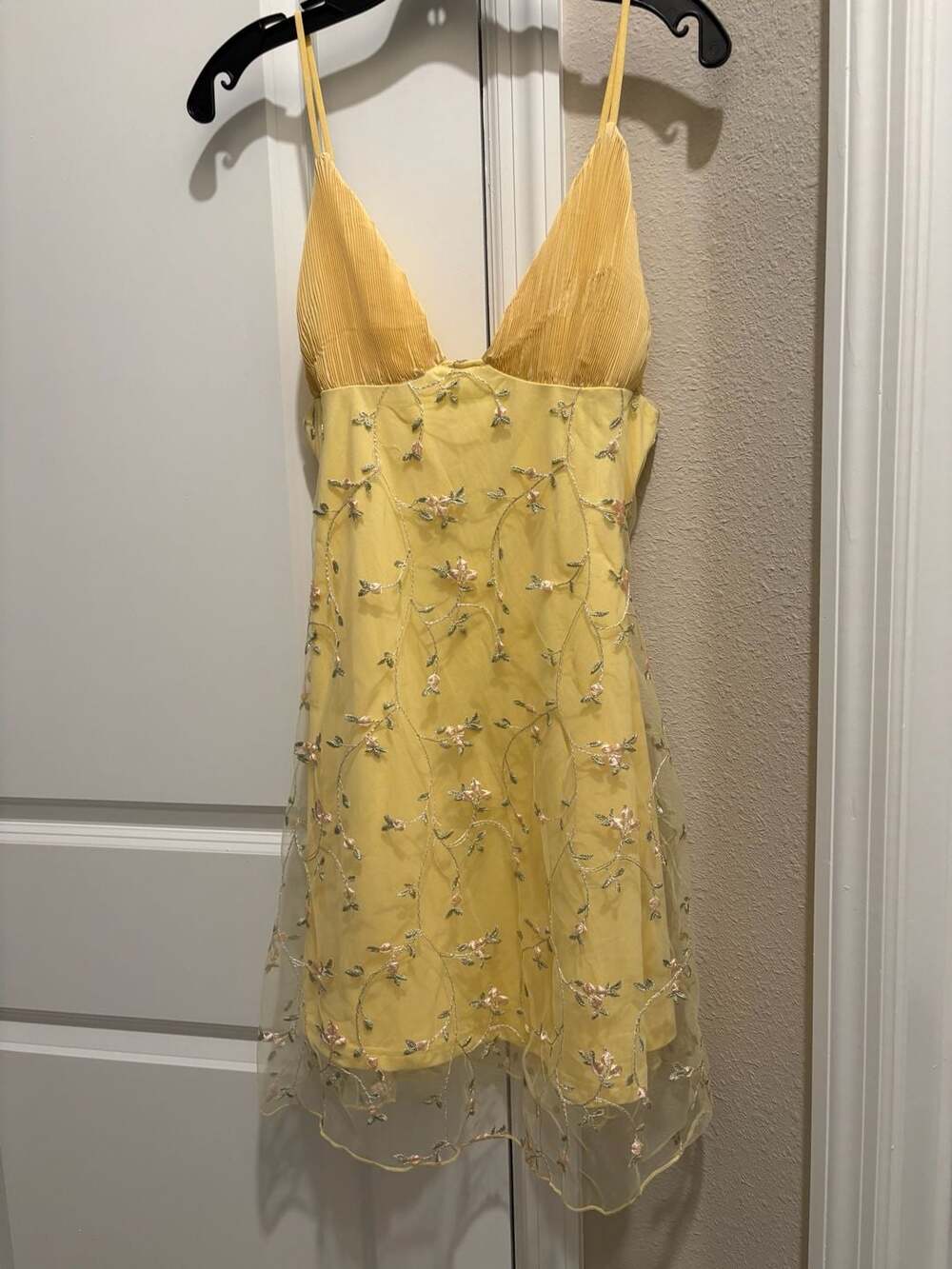 Yellow Floral Embroidered Mesh Pleated Cami Dress